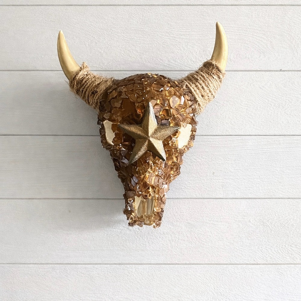 Handmade Western Bull Skull Wall Art | Rustic Glam Longhorn Decor